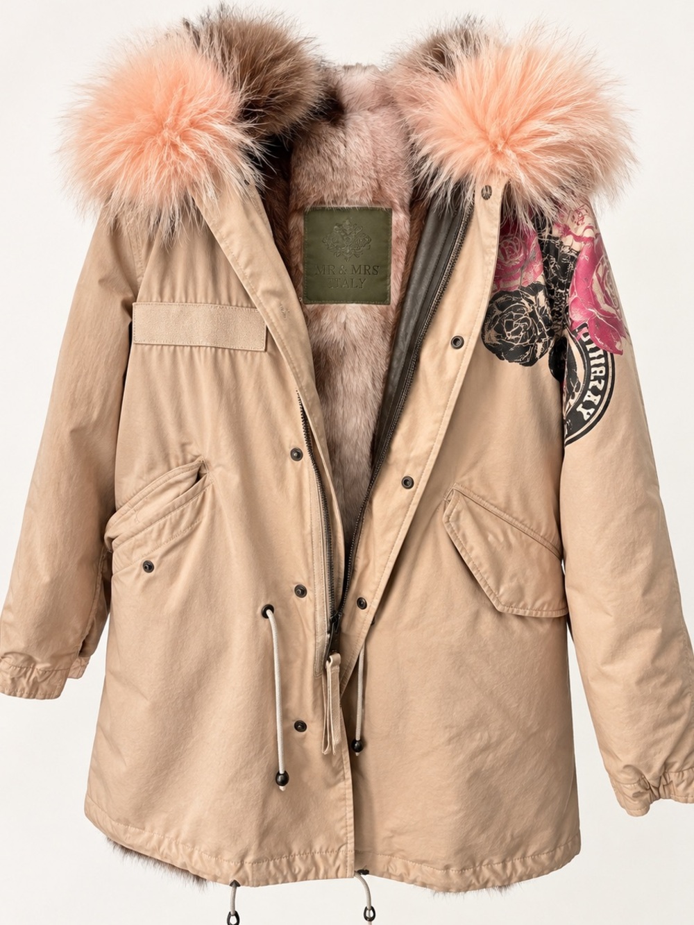 Beige Parka with Pink Fur-Trimmed Hood